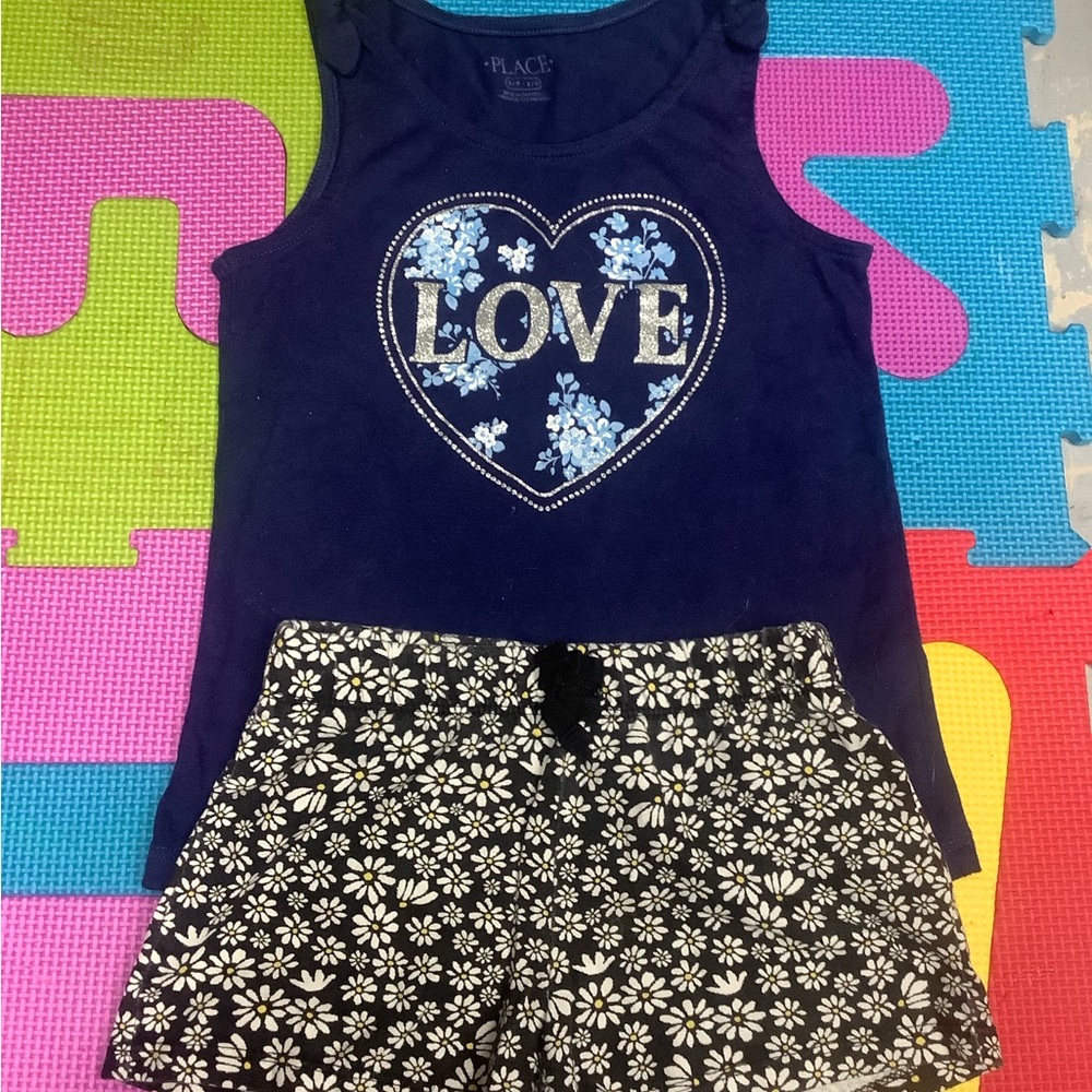 Navy Love Tank Top and Floral Shorts Set